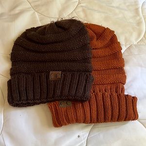 Brown and burnt orange beenies